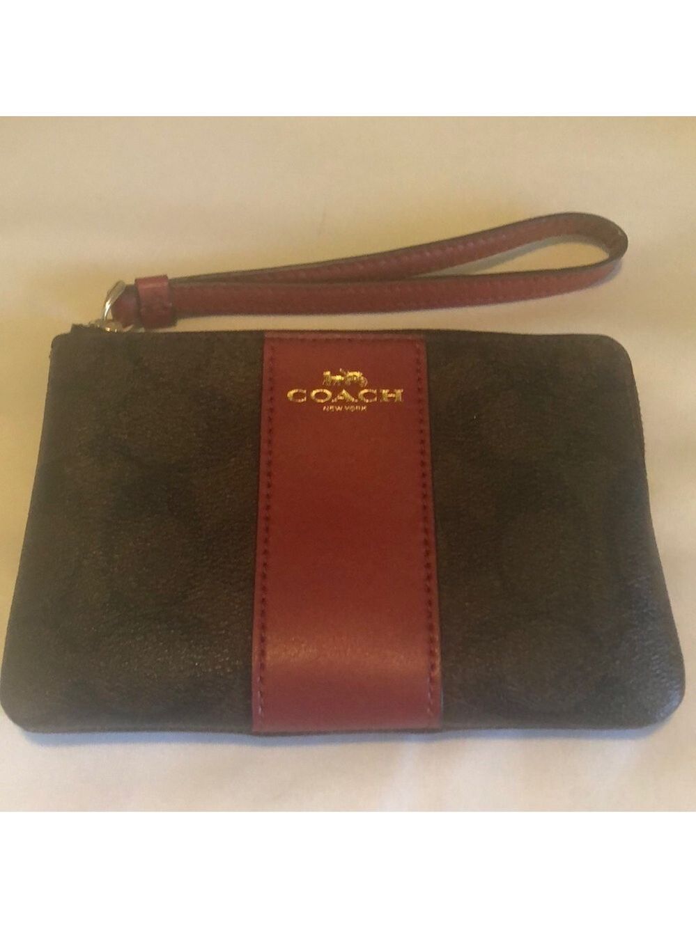 Coach Corner Zip Wristlet In Signature Canvas (Red/Brown)